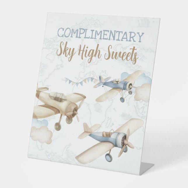 Airplane Aviator Pilot 1st Birthday Sky High Sweet Pedestal Sign (Front)
