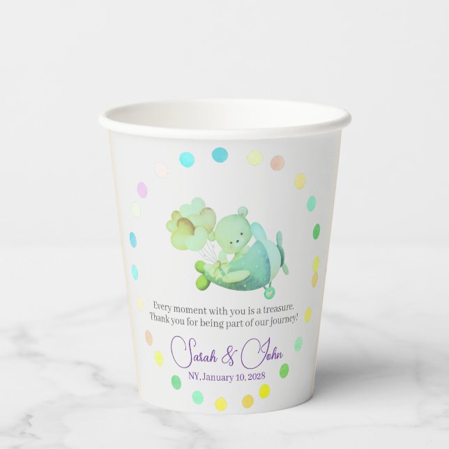 AIRPLANE BEAR pastel clouds rainbow editable Paper Cups (Back)