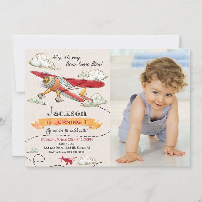 Airplane Birthday Photo Invitation Vintage Plane (Front)
