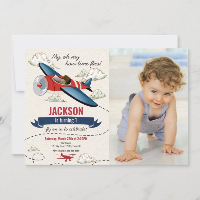 Airplane Birthday Photo Invitation Vintage Retro (Front)