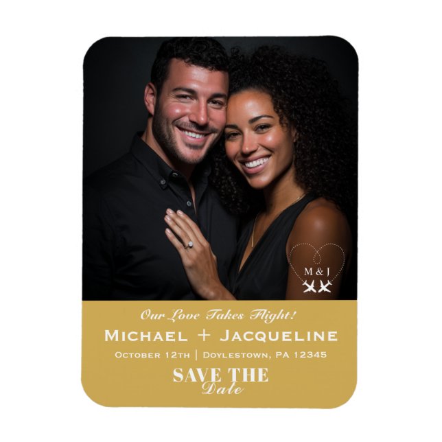 Airplane Heart Photo Monogram Gold Travel Wedding Magnet (Vertical)