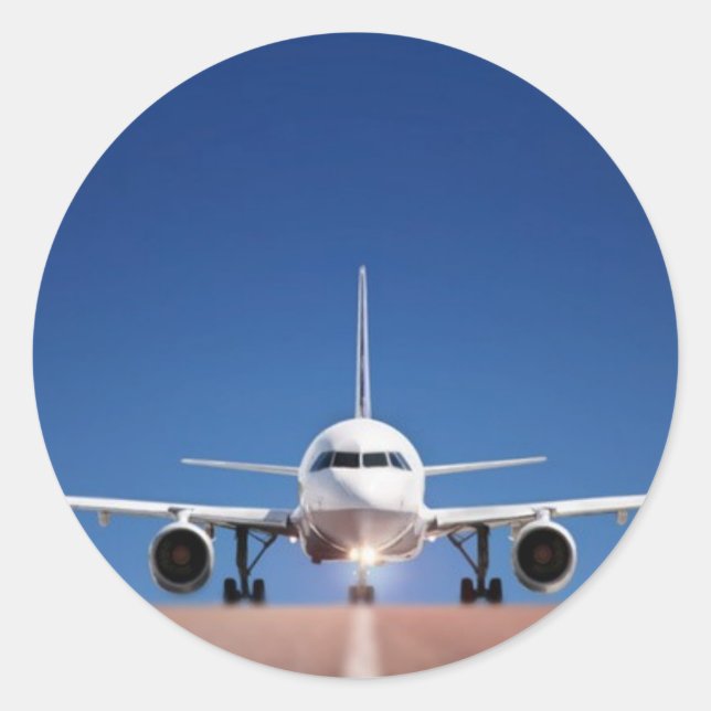 AIRPLANE LINED UP ON THE RUNWAY CLASSIC ROUND STICKER (Front)