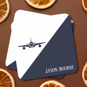 Airplane Navy Blue and White Stylish Modern Travel Coaster