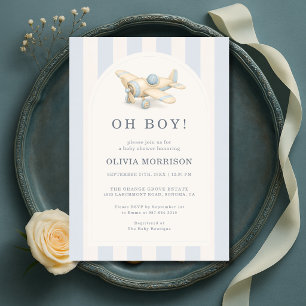Airplane Oh Boy Blue Striped Baby Shower Invitation