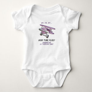 Airplane Oh My Time Flies Travel First Birthday  Baby Bodysuit