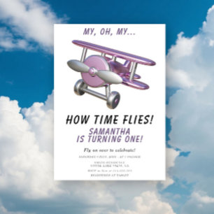 Airplane Oh My Time Flies Travel First Birthday Invitation