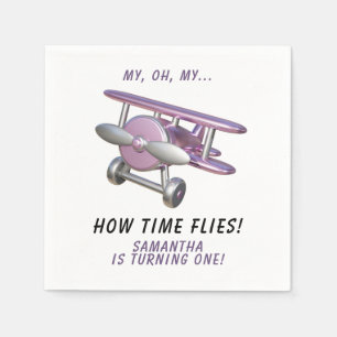 Airplane Oh My Time Flies Travel First Birthday  Napkin