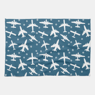 Airplane Pattern Dark Blue and White Aviation Tea Towel
