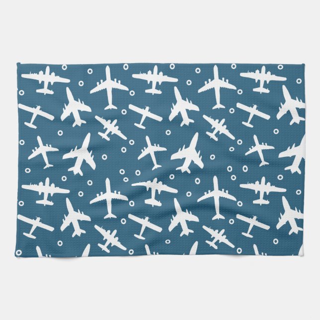 Airplane Pattern Dark Blue and White Aviation Tea Towel (Horizontal)