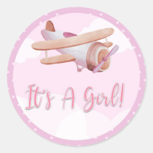 Airplane Pink Baby Shower Sticker It's A Girl