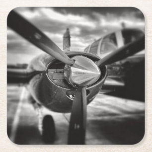 Airplane propeller Black and White Square Paper Coaster
