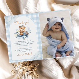Airplane Teddy Bear Blue 1st Birthday Photo Thank You Card