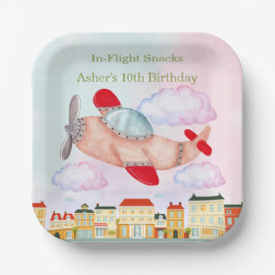 Airplane with Cityscape In-Flight Snacks Birthday Paper Plate