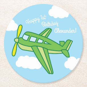 Airplanes and Jets Cute 1st Birthday Party Round Paper Coaster