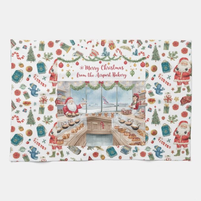 Airport Christmas themed with Santa Claus Tea Towel (Horizontal)