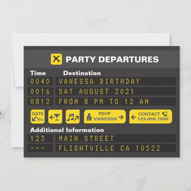 Airport Flight Departures Birthday Invitation (Front)