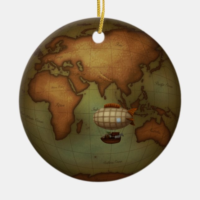 Airship Flying Over Eastern Hemisphere Map Custom Ceramic Tree Decoration (Front)