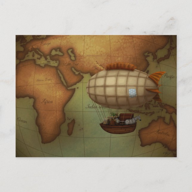 Airship Flying Over Eastern Hemisphere Map Custom Postcard (Front)
