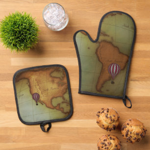 Airship over Western Hemishphere Steampunk Map Oven Mitt & Pot Holder Set