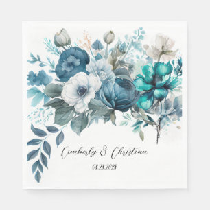 Airy Blue and Teal Peony Rustic Wedding Napkin