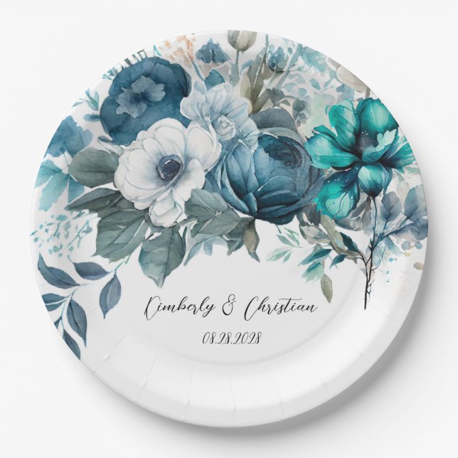 Airy Blue and Teal Peony Rustic Wedding Paper Plate (Front)