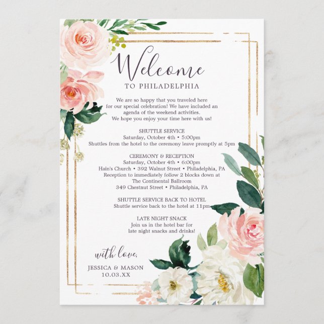 Airy Blush Wedding Itinerary - Wedding Welcome Programme (Front)