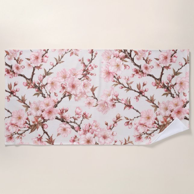 Airy Cherry Blossom Botanical Art Beach Towel (Front)