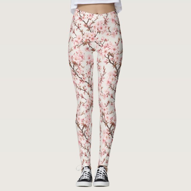 Airy Cherry Blossom Botanical Art Leggings (Front)