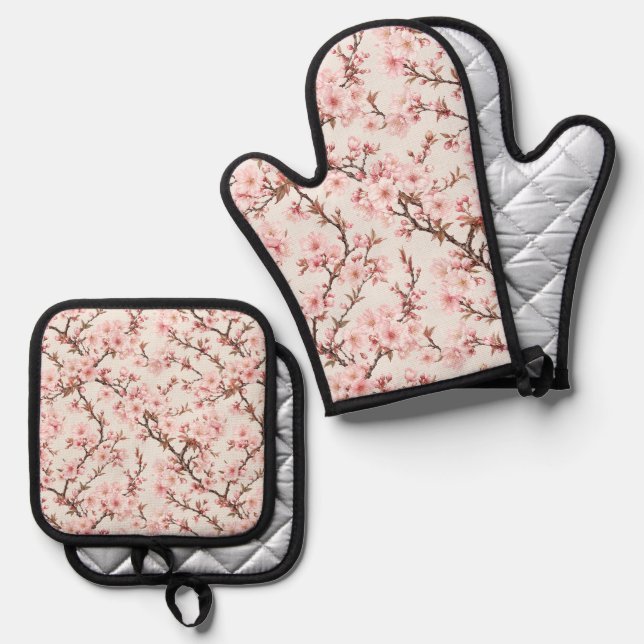 Airy Cherry Blossom Botanical Art Oven Mitt & Pot Holder Set (Front/Back)