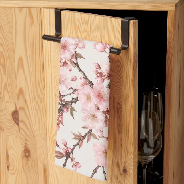Airy Cherry Blossom Botanical Art Tea Towel (Thirds Fold)
