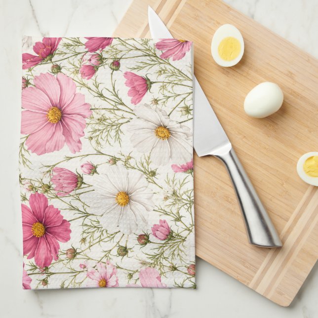 Airy Cosmos Flower Stems Tea Towel (Quarter Fold)