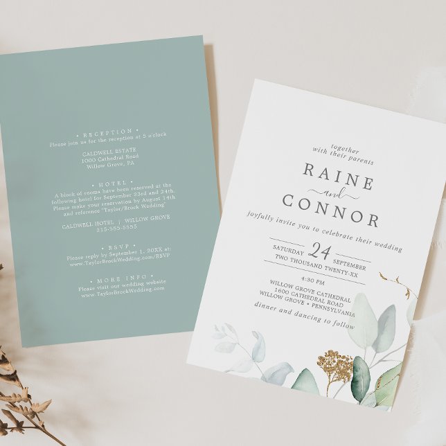 Airy Greenery and Gold Leaf All In One Wedding Invitation (Creator Uploaded)