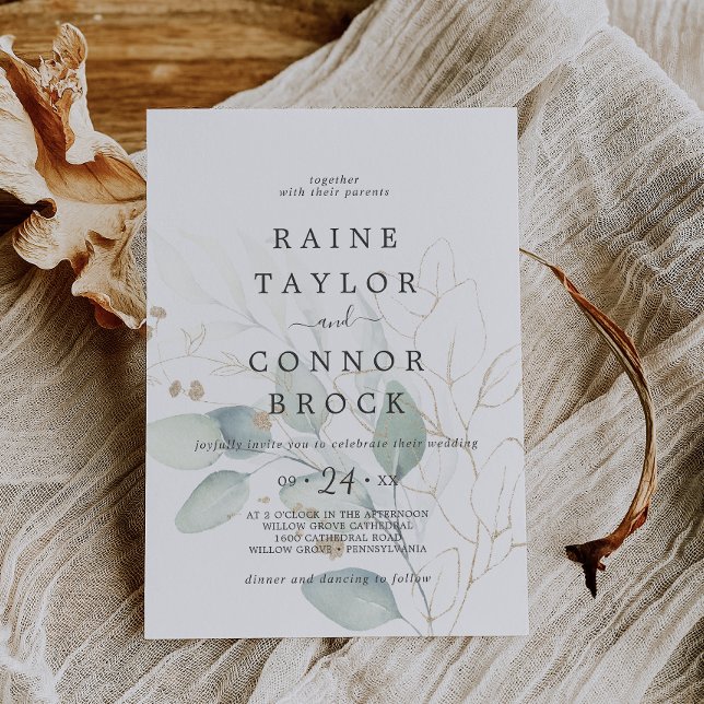 Airy Greenery and Gold Leaf Faded Wedding Invitation (Creator Uploaded)