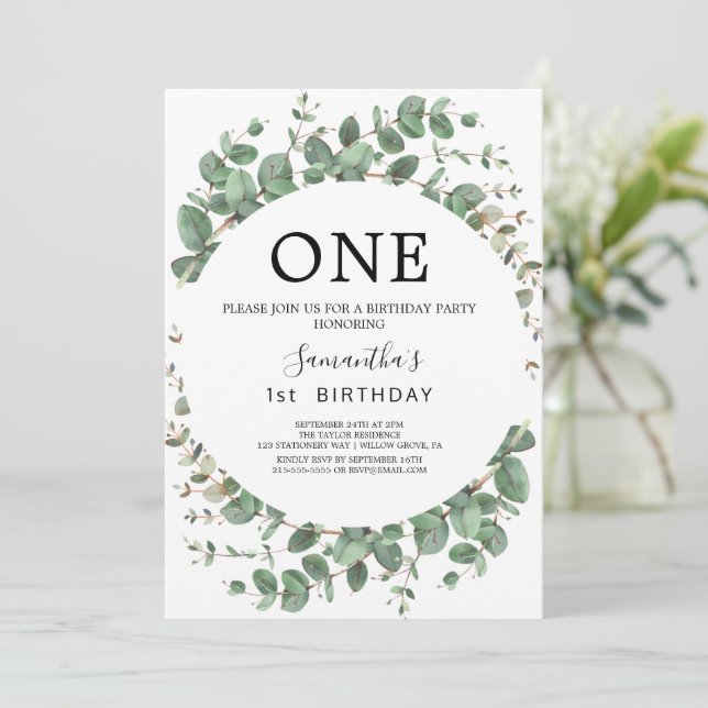 Airy Greenery and Gold Leaf First Birthday Party  Invitation (Standing Front)