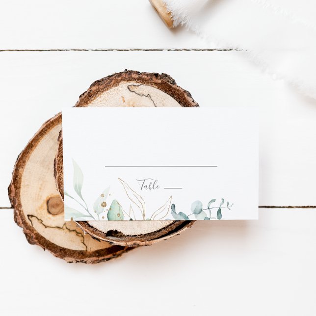 Airy Greenery and Gold Leaf Flat Wedding Place Card (Creator Uploaded)