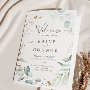 Airy Greenery and Gold Leaf Folded Wedding Programme