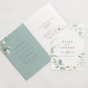 Airy Greenery and Gold Leaf Formal Folded Wedding Invitation