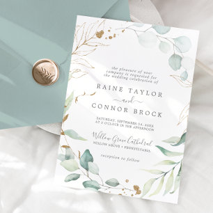 Airy Greenery and Gold Leaf Formal Wedding Invitation