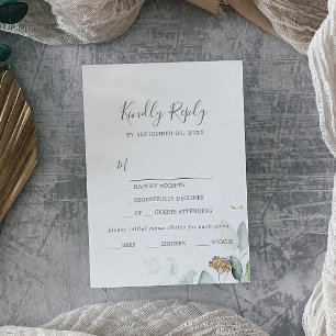 Airy Greenery and Gold Leaf Menu Choice RSVP Card