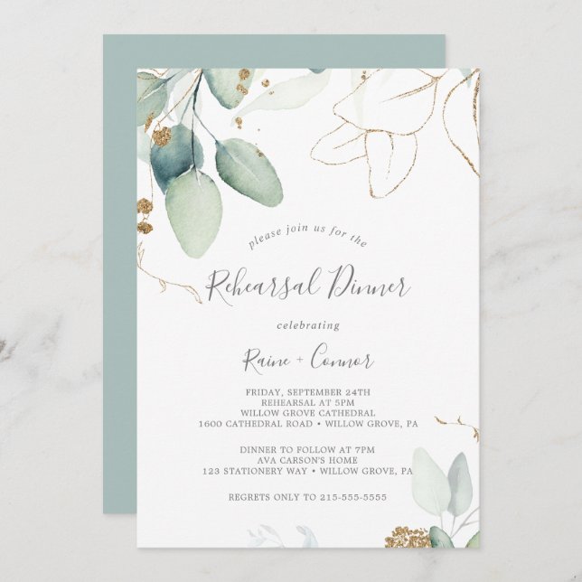 Airy Greenery and Gold Leaf Rehearsal Dinner Invitation (Front/Back)