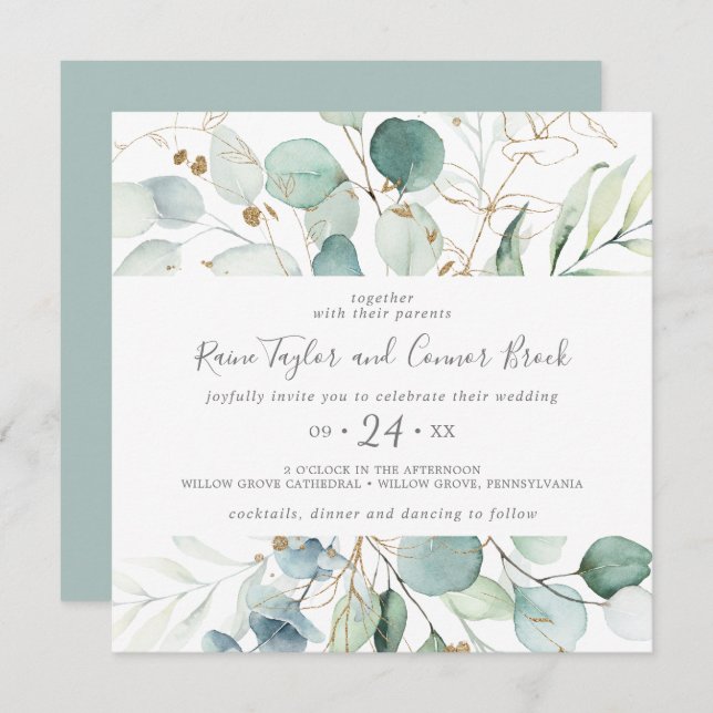Airy Greenery and Gold Leaf Square Wedding Invitation (Front/Back)