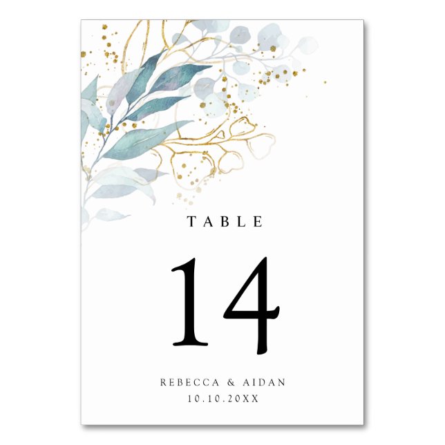 Airy Greenery and Gold Leaf  Table Number (Front)