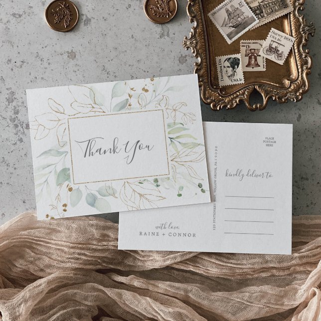 Airy Greenery and Gold Leaf Thank You Postcard (Creator Uploaded)