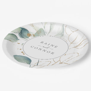 Airy Greenery and Gold Leaf Wedding Cake Paper Plate