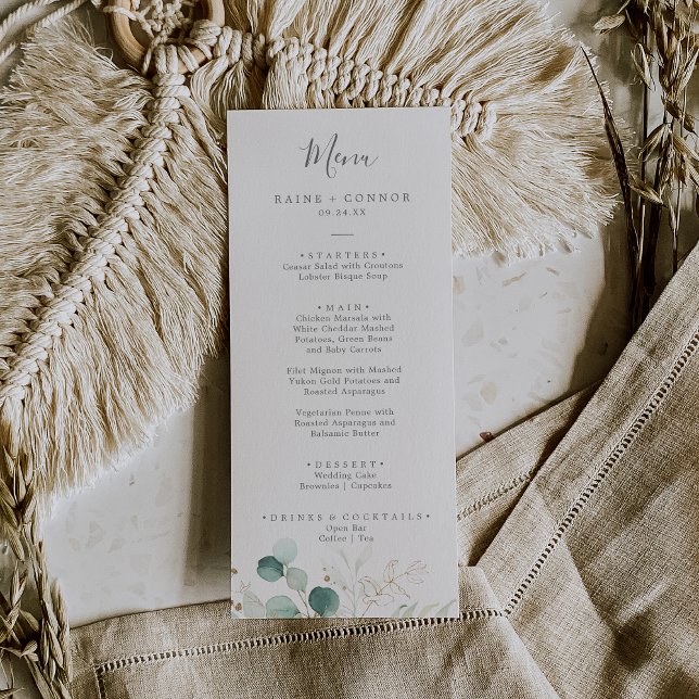 Airy Greenery and Gold Leaf Wedding Dinner Menu (Creator Uploaded)