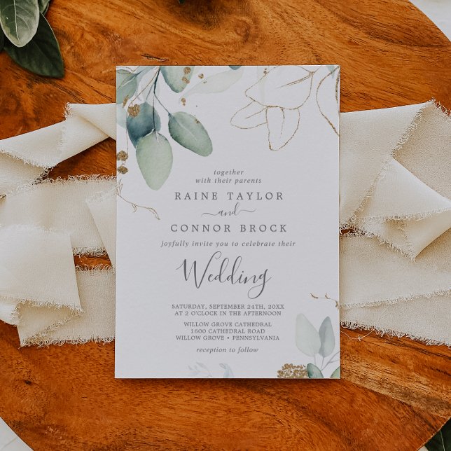 Airy Greenery and Gold Leaf Wedding Invitation (Creator Uploaded)