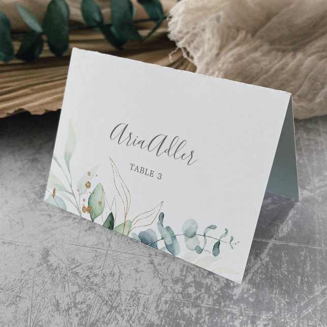 Airy Greenery and Gold Leaf Wedding Place Cards (Creator Uploaded)