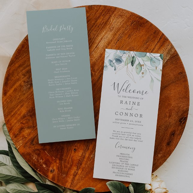 Airy Greenery and Gold Leaf Wedding Program Programme (Creator Uploaded)
