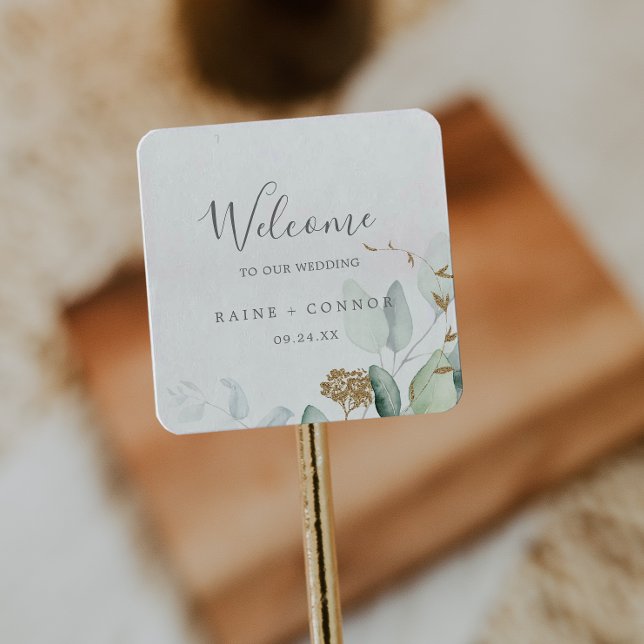 Airy Greenery and Gold Leaf Wedding Welcome Square Sticker (Creator Uploaded)