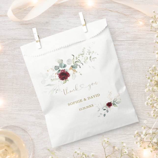 Airy Greenery Burgundy Floral Gold Wedding  Favour Bags (Clipped)